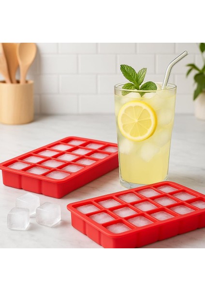 Store 15&apos;li Silikon Buz Kalıbı 2&apos;li Set – Kırmızı, Esnek ve Çıkan Buzluk Kalıbı, Gıda Dostu, Bulaşık Makinesinde Yıkanabilir