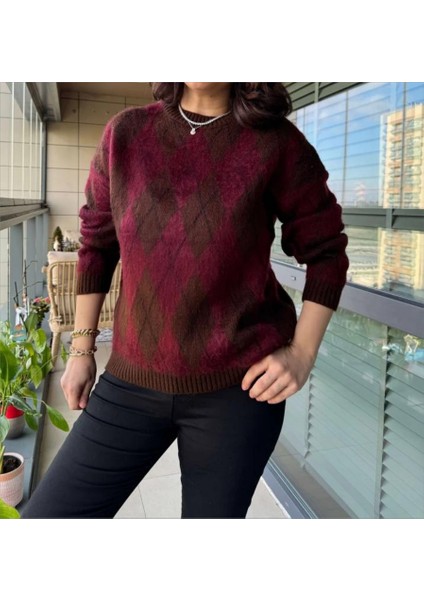 Kadın Baklava Desenli Bisiklet Yaka Bordo Kahverengi Kalın Yünlü Şardonlu Triko Kazak