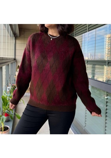 Kadın Baklava Desenli Bisiklet Yaka Bordo Kahverengi Kalın Yünlü Şardonlu Triko Kazak fiyatları