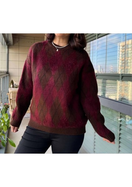 Kadın Baklava Desenli Bisiklet Yaka Bordo Kahverengi Kalın Yünlü Şardonlu Triko Kazak modelleri