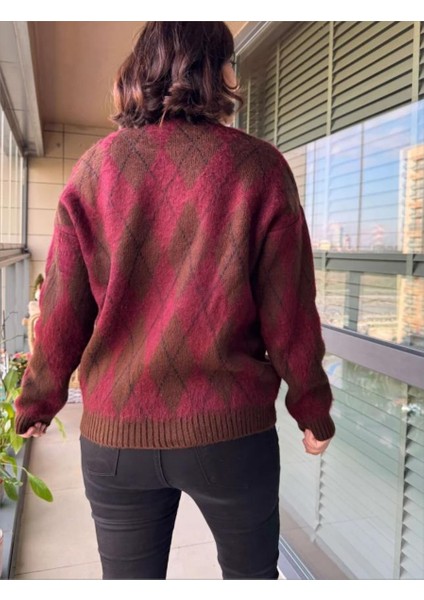 Kadın Baklava Desenli Bisiklet Yaka Bordo Kahverengi Kalın Yünlü Şardonlu Triko Kazak indirimleri