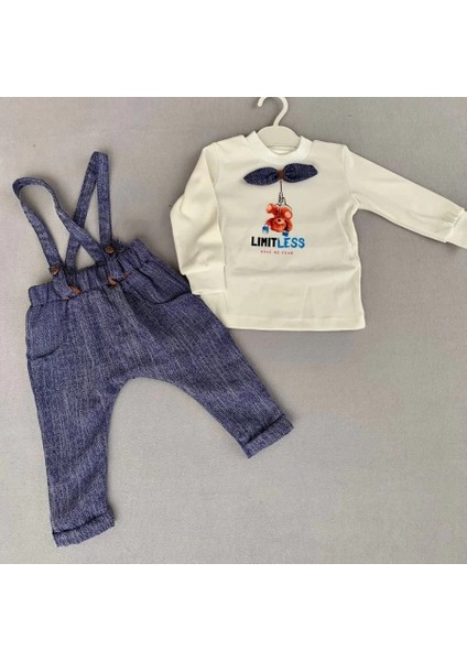 9-12-18 Ay Papyonlu Sweat Kot Pantolon 2li Erkek Bebek Salopet Takımı Lacivert