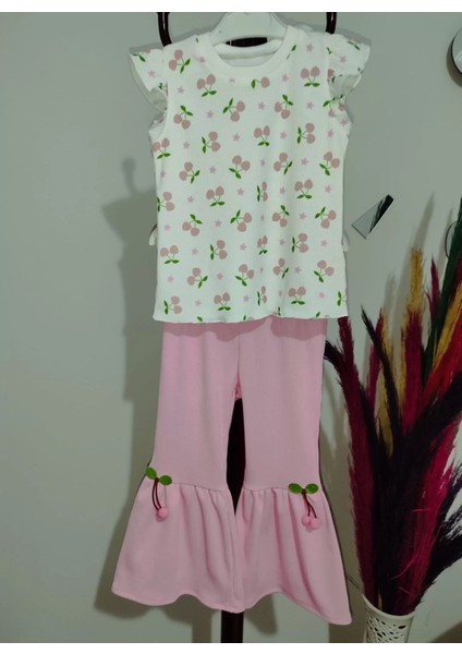 1-2-3-4 Yaş Kiraz Baskılı Tişört Ispanyol Paçalı Likralı 2li Kız Çocuk Takımı Pembe fırsatları