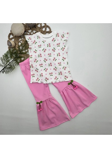 1-2-3-4 Yaş Kiraz Baskılı Tişört Ispanyol Paçalı Likralı 2li Kız Çocuk Takımı Pembe indirimleri