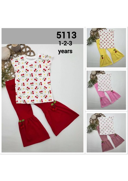 1-2-3-4 Yaş Kiraz Baskılı Tişört Ispanyol Paçalı Likralı 2li Kız Çocuk Takımı Pembe
