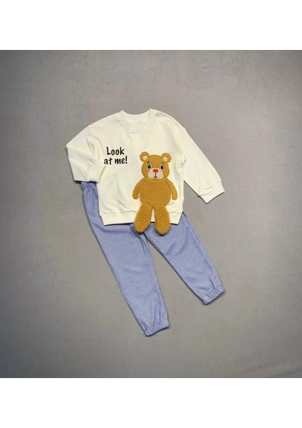 2-3-4 Yaş Ayıcık Sallanan Ayak Desenli Likra Penye Kumaş Sweat Pantolonlu Kız Erkek 2li Çocuk Takımı Ekru fiyatları