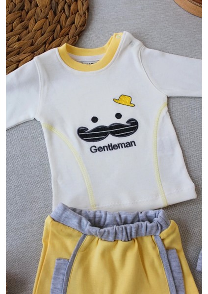 3-6 6-9 9-12 Ay Gentleman Erkek Nakışlı Şapkalı Uzun Kollu Sweat 3lü Erkek Bebek Takımı Sarı