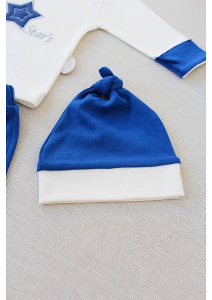 3-6 6-9 9-12 Ay Full Star Nakışlı Şapkalı Uzun Kollu Sweat 3lü Erkek Bebek Takımı Indigo fırsatları