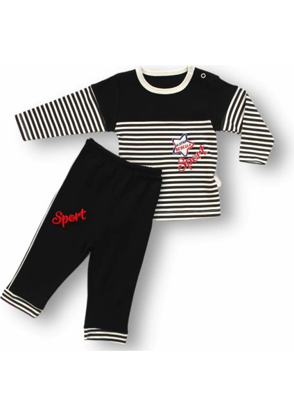 6-9 9-12 12-18 18-24 24-36 Ay Sport Baskılı Çizgili Uzun Kollu Sweatli 2li Erkek Bebek Takımı Siyah