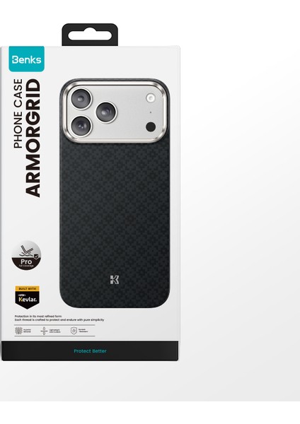 iPhone 17 Pro Uyumlu Kılıf M-Safe Şarj Özellikli Benks Armorpro Armorgrid Serisi Kevlar Kapak Siyah