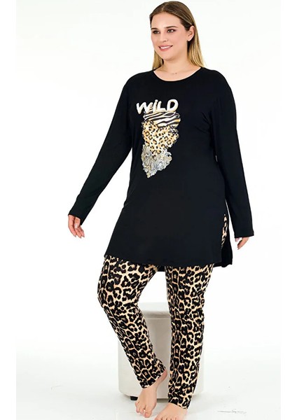 Lady Leopar Desenli Yumuşacık Pijama Uzun Kollu Büyük Beden Viskon Kumaş Pijama Takımı