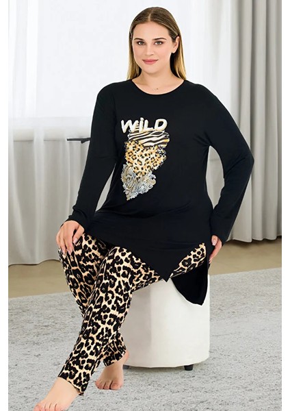 Lady Leopar Desenli Yumuşacık Pijama Uzun Kollu Büyük Beden Viskon Kumaş Pijama Takımı fiyatları