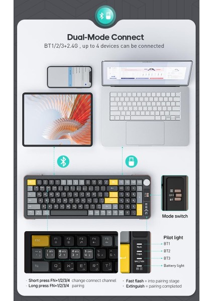 99 Tuş Zarif Tasarım Dual Mode Bağlantı Bt+2.4ghz Ayaklı Ses Kontrol Ofis Gaming Klavye modelleri