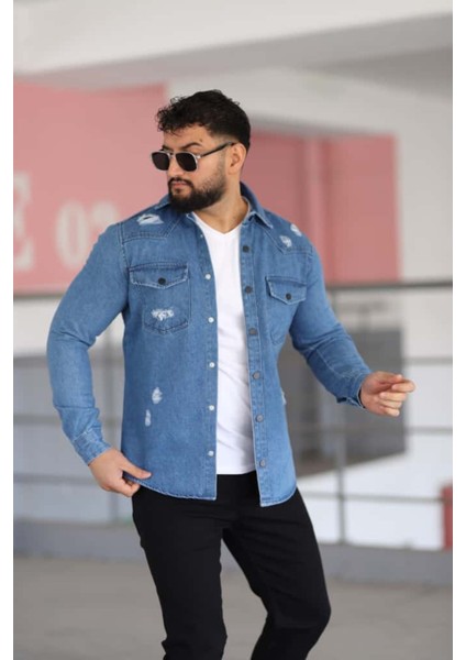 Erkek Kot Gömlek Slim Fit, Çift Cepli Geniş Düğmeli Likrasız Gömlek