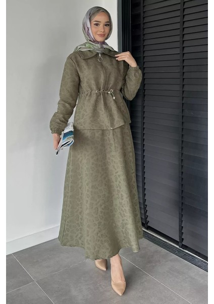 Kendinden Desenli Ceket Bel Lastikli Etek Tesettür Ikili Takım P-00019040