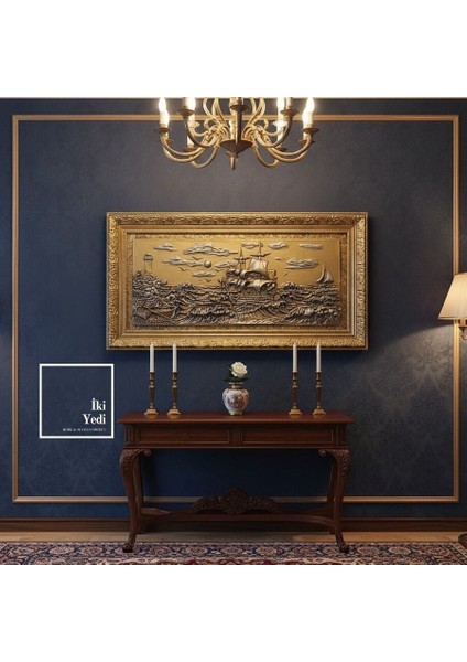 Crebillon 150 cm Altın Gümüş Varaklı Gemi Rölyef Tablo Lüks Kabartma Duvar Dekoru Ofis Ev Hediyesi fiyatları