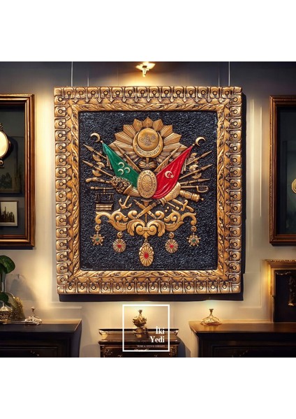 Osmanlı Armalı 3D Rölyef Tablo 90X100 cm – Altın Varak Çerçeveli Dev Boy Kabartma Duvar Dekoru