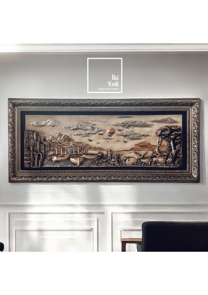 Guillamon 155 cm Gümüş Gri 3D Rölyef Tablo – Kabartma Kale Kayık Iskele Temalı Dev Duvar Dekoru