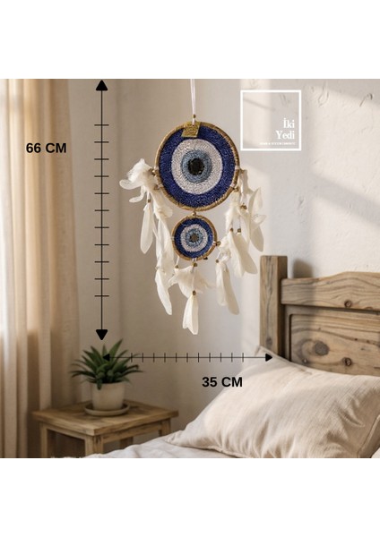 Dreamcatcher 77-3 Çift Halkalı Nazar Boncuğu Tüy Detaylı El Yapımı Duvar Süsü Dekoratif Aksesuar