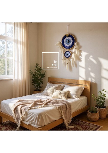 Dreamcatcher 77-3 Çift Halkalı Nazar Boncuğu Tüy Detaylı El Yapımı Duvar Süsü Dekoratif Aksesuar fiyatları