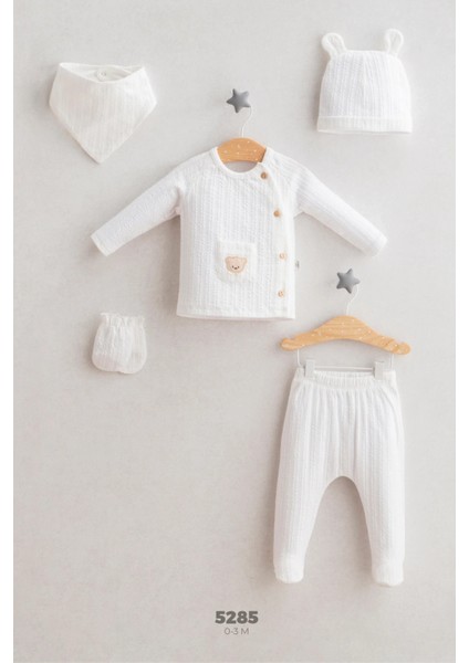 Teddy Bear Yandan Düğmeli 5'li Ekru Zıbın Takım Yeni Doğan (0-3 Ay) Erkek Bebek