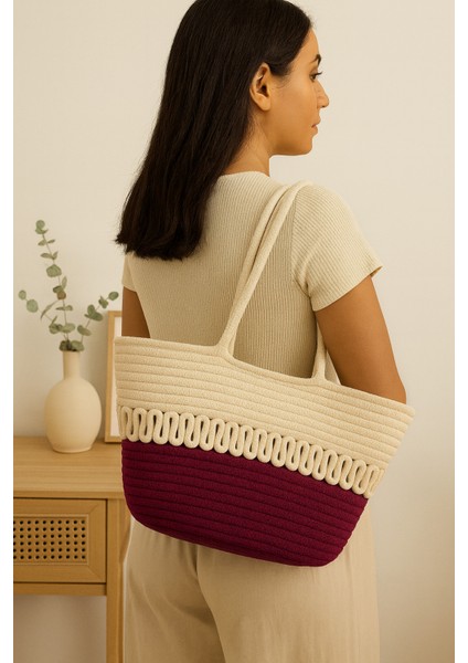 Halat Örgü Hasır Çevre Dostu Şık Çift Renkli Büyük Boy Plaj Çantası Kadın El ve Omuz Çantası