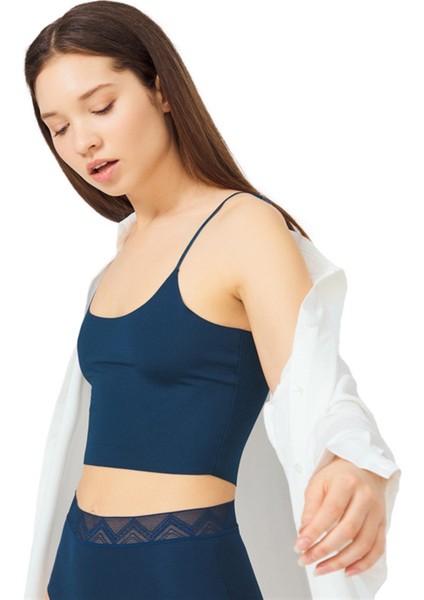 Petrol Yeşili Ayarlanabilir Ince Askılı Lazer Kesim Kadın Crop Büstiyer