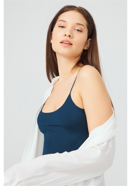 Petrol Yeşili Ayarlanabilir Ince Askılı Lazer Kesim Kadın Crop Büstiyer modelleri