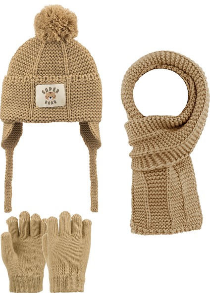 1-4 Yaş Erkek Çocuk 3'lü Takım Atkı, Bere ve Eldiven Set