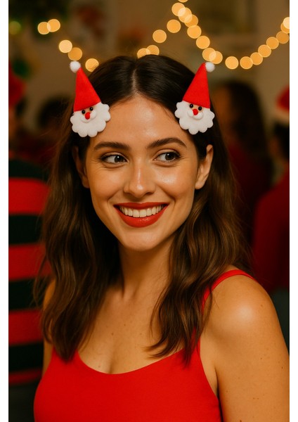 Yılbaşı Temalı Kırmızı Şapkalı Noel Baba Tokası Çiftli Paket Sevimli Keçe Süsleme Aksesuar Model 4