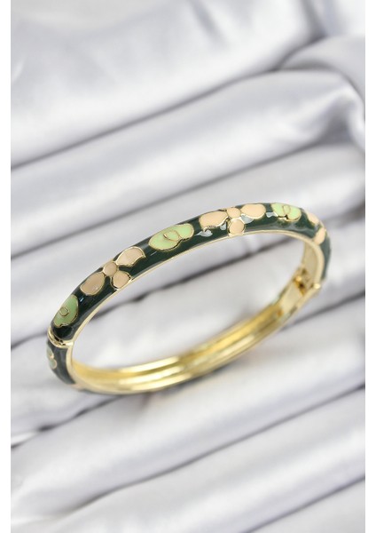 Mineli Pirinç Krem ve Yeşil Çiçek Motifli Gold Renk Kadın Kelepçe - Lisinya