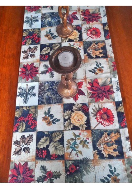 Yılbaşı Kırmızı Çiçekli Vintage Patchwork Desen Dijital Baskı Runner