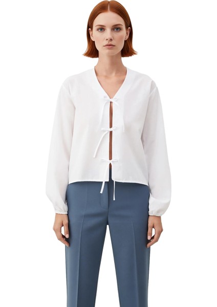 Kadın Kareli Bağlamalı V Yaka Bluz Balon Kollu Kısa Kesim Dokuma Gömlek Özgün ve Modern Stil fiyatları