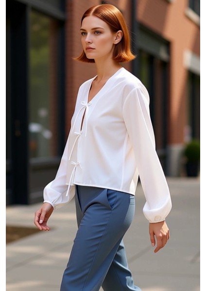 Kadın Kareli Bağlamalı V Yaka Bluz Balon Kollu Kısa Kesim Dokuma Gömlek Özgün ve Modern Stil indirimleri