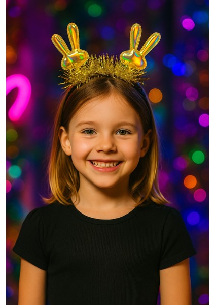 Kpop Korean Style Yılbaşı Yeni Yıl Altın Parlak Tavşan Kulaklı Taç Çocuk Parti Dans Aksesuarı