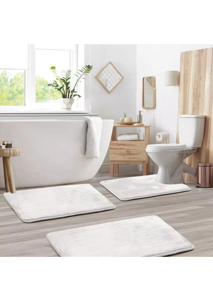 3'lü Banyo Paspas Seti Klozet Önü Peluş Yumuşacık Yıkanabilir Beyaz (50X80-40X60-40X50)