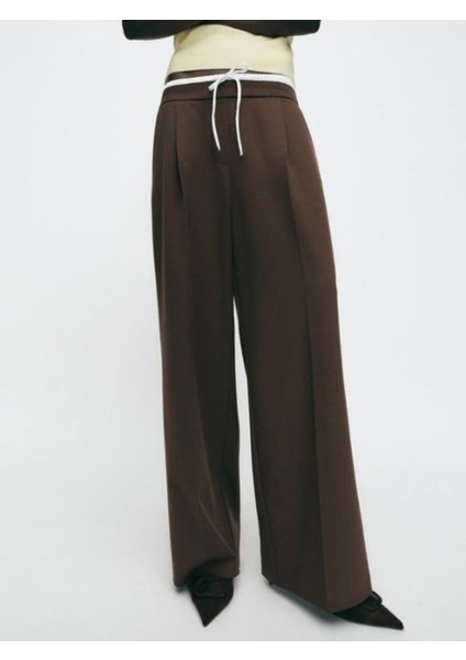 Kadın Kahverengi Şerit Lastikli Pantolon - 10812