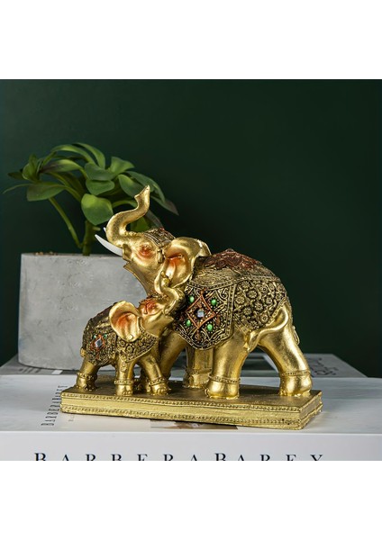 Lüks Işlemeli Anne Yavru Fil Heykeli Feng Shui Şans Getiren Dekoratif Masaüstü Biblo 15 Cm.
