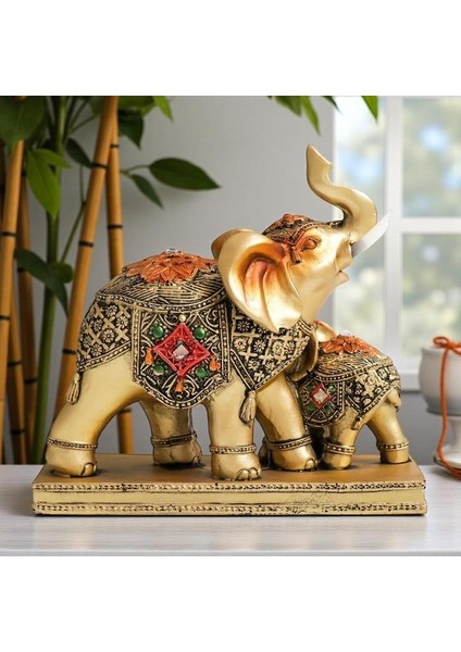 Lüks Işlemeli Anne Yavru Fil Heykeli Feng Shui Şans Getiren Dekoratif Masaüstü Biblo 15 Cm. fiyatları