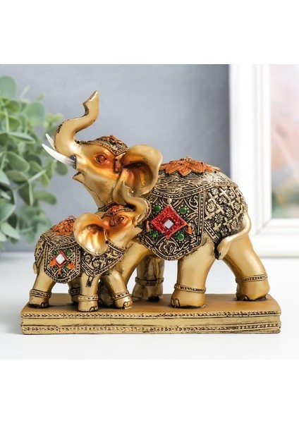 Lüks Işlemeli Anne Yavru Fil Heykeli Feng Shui Şans Getiren Dekoratif Masaüstü Biblo 15 Cm. modelleri
