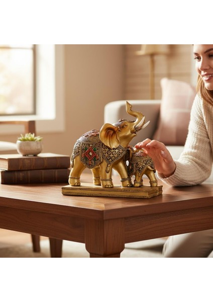 Lüks Işlemeli Anne Yavru Fil Heykeli Feng Shui Şans Getiren Dekoratif Masaüstü Biblo 15 Cm. fırsatları