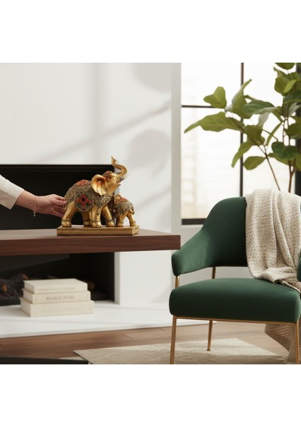 Lüks Işlemeli Anne Yavru Fil Heykeli Feng Shui Şans Getiren Dekoratif Masaüstü Biblo 15 Cm. indirimleri