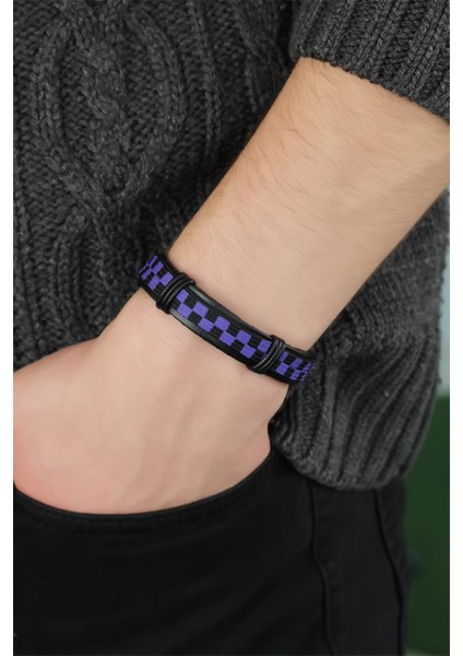 Mor Renk Damalı Deri Erkek Bileklik - Lisinya