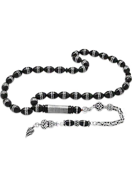 925 Ayar Gümüş Kral Zincir Püsküllü Çift Sıra Sarmal Metal Işlemeli Arpa Kesim Kuka Tesbih