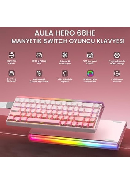Aula Hero 68 He Manyetik Klavye Trigger Switch 8000Hz Rgb Neon Tkl Hot Swap Oyuncu Klavyesi Pembe modelleri
