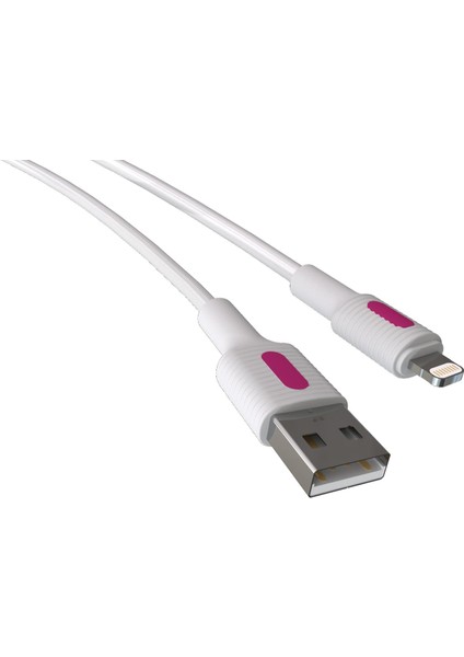 Uyumlu USB A- Şarj Kablosu, Beyaz Kablo, Fuşya/beyaz Uçlar (150 Cm)