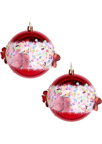 Yılbaşı Topu Yaprak ve Pasta Süsleri Figürlü 2&apos;li Paket Kırmızı 10 Cm.