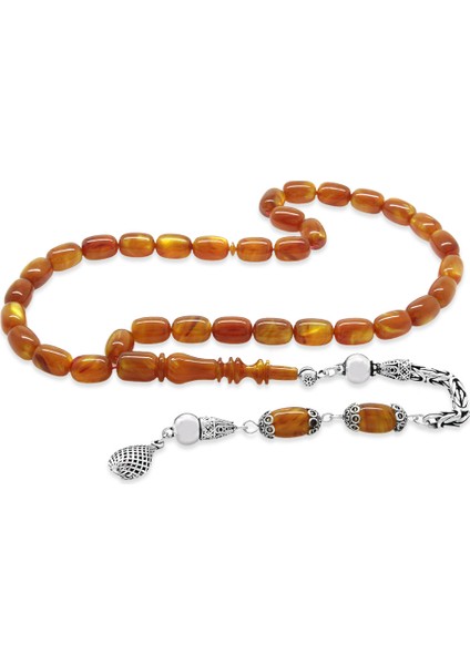 925 Ayar Gümüş Kral Püsküllü Kapsül Kesim Turuncu Kahverengi Sedefli Katalin Tesbih