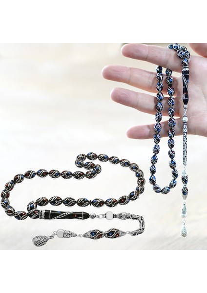 925 Ayar Gümüş Kral Püsküllü Gümüş Firuze Mercan Işlemeli Arpa Kesim Erzurum Oltu Taşı Tesbih fiyatları