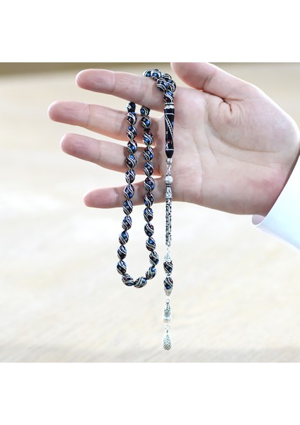 925 Ayar Gümüş Kral Püsküllü Gümüş Firuze Mercan Işlemeli Arpa Kesim Erzurum Oltu Taşı Tesbih fırsatları